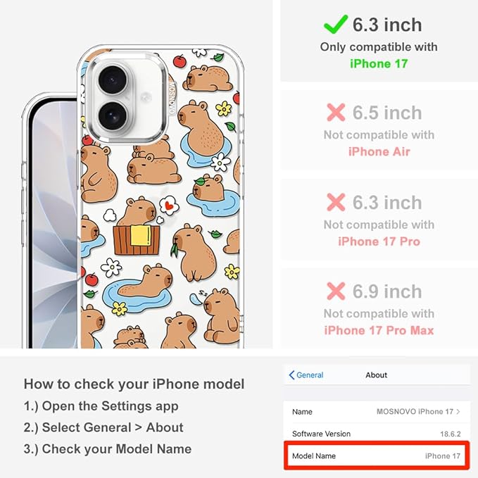 MOSNOVO for iPhone 17 Case, Shockproof Military-Grade Protection 6.6ft Drop Tested, Camera Control, Clear Phone Case for iPhone 17, Capybara Land Design