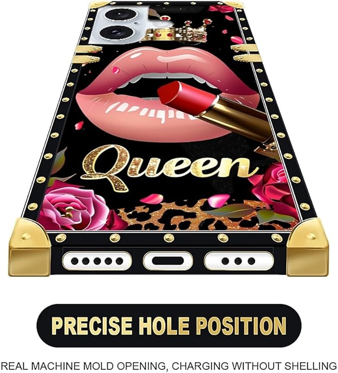 Compatible with iPhone 16 Plus Case, Glitter Red Rose Queen Leopard Lipstick Luxury Golden Decoration for Girl Women Soft TPU Shockproof Protective Hard PC Back