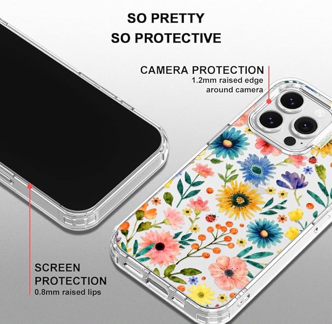 MOSNOVO for iPhone 16 Pro Max Case, Shockproof Military-Grade Protection 6.6ft Drop Tested, Clear Phone Case for iPhone 16 Pro Max, Wildflower Bloom Design