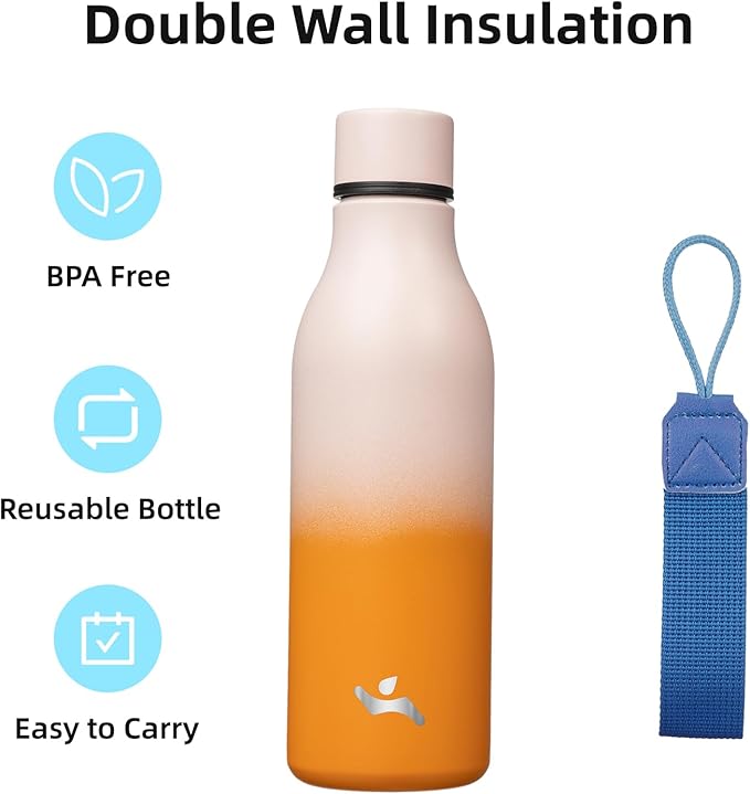 Konokyo Insulated Water Bottle with Strap,18 oz Double Wall Stainless Steel Vacuum Bottles Metal Water Flask,Coral