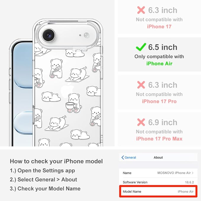 MOSNOVO for iPhone Air Case, Shockproof Military-Grade Protection 6.6ft Drop Tested, Camera Control, Clear Phone Case for iPhone 17 Air, Cozy Bear Days Design