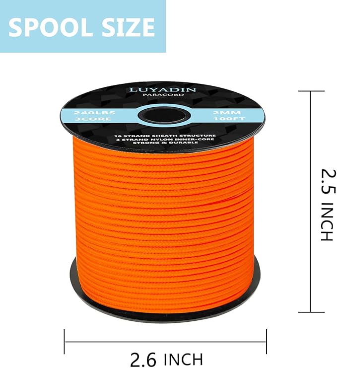 Paracord 240lb - Diameter 2mm Micro Utility Cord -3 Strand Parachute Spool Cord - 100ft 200ft,Paracord for Camping,Hiking,Fishing,Outdoor and DIY