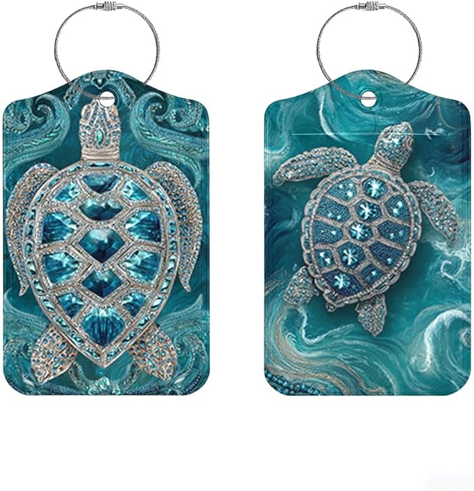 2 Pack Sea Turtle Luggage Tags for Suitcases, Teal Ocean Life ID Tags with Privacy Cover, PU Leather Bag Identifiers, Spring & Summer Beach Vacation Essentials, Mother's Day