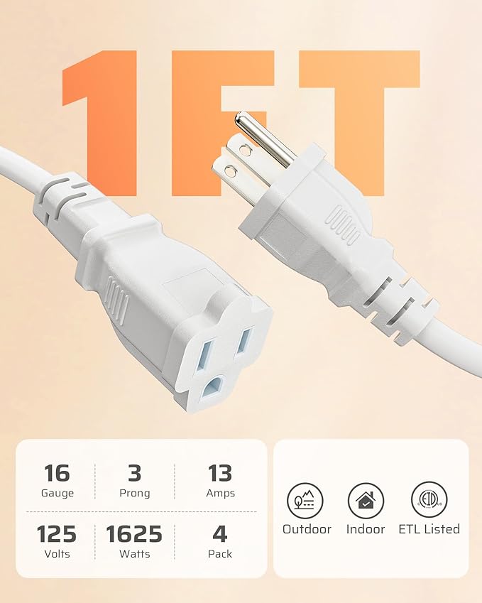 DEWENWILS Short Extension Cord, 1 Foot Power Cord, 16 AWG SJTW Weatherproof Extension Cable for Indoor Use, 3 Prong Grounded Outlets Plugs, NEMA 5-15P to NEMA 5-15R, White, UL Listed,4 Pack