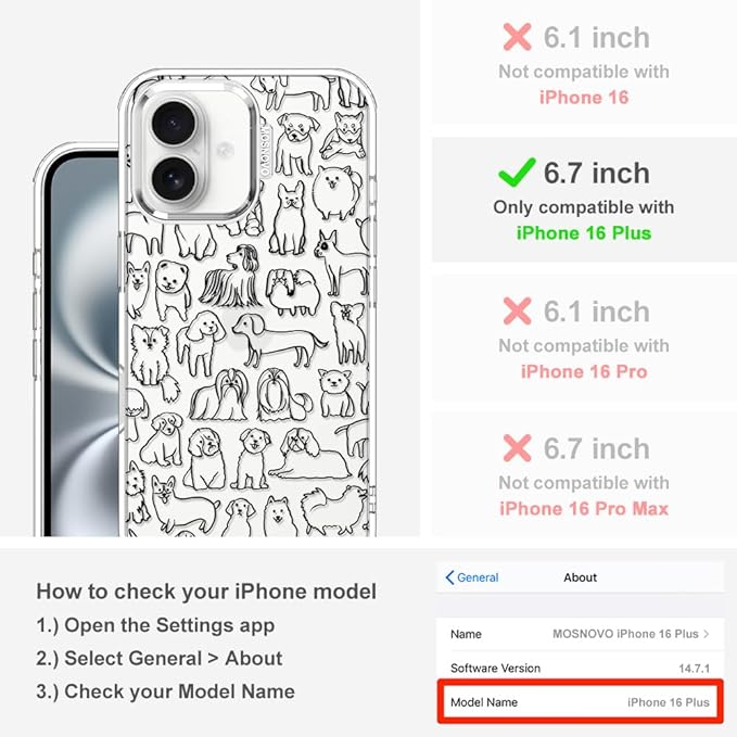 MOSNOVO Case for iPhone 16 Plus, [Buffertech 6.6ft Military-Grade Drop Protection] [Anti Peel Off Tech] Clear TPU Bumper Phone Case Cover Design - Doodle Dog