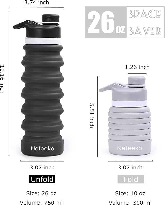 Nefeeko Collapsible Water Bottle, 26oz Silicone Foldable Water Bottles Leakproof BPA Free Travel Water Bottles with Carabiner, Portable Sport Water Bottles for Camping,Hiking Outdoor Indoor Sport