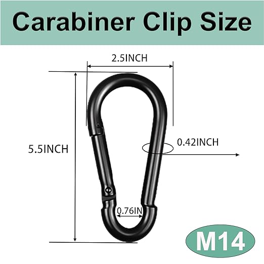 Black Carabiner, Heavy Duty Galvanized Steel Spring Snap Hook Carabiner Clips with 1350LBS Holding Capacity, Ideal for Outdoor, Hammock, Swing and Travel (1PCS M14 5.5Inch)