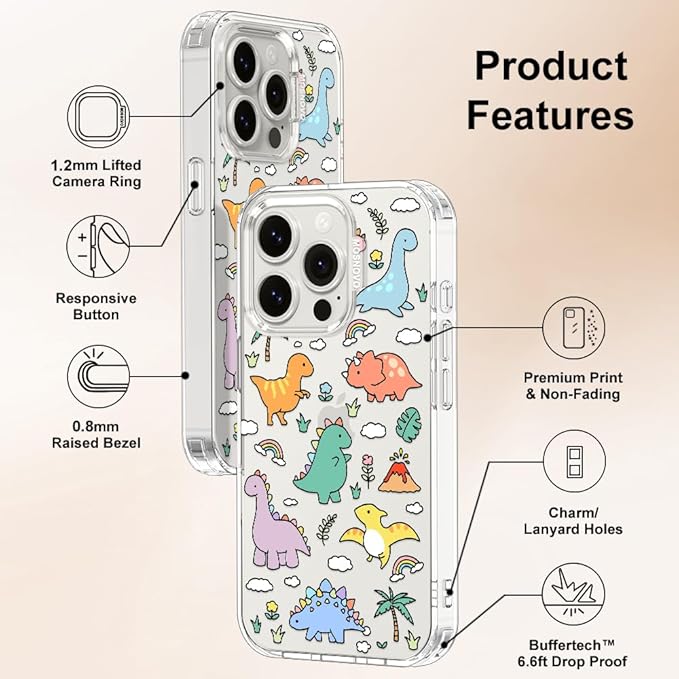 MOSNOVO for iPhone 15 Pro Case | Military Grade 6.6ft Drop Tested | Clear with Dinosaur Land Design