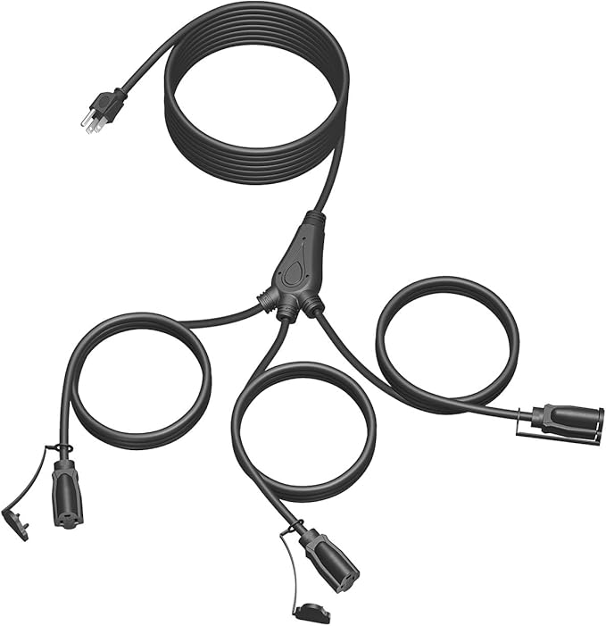 28 Ft Outdoor Extension Cord, 1 to 3 Splitter Heavy Duty Weatherproof Power Cord, 16/3 SJTW, 3 Grounded Outlets Flat Plug for Patio, Garden Displays, Lights, Black ﻿