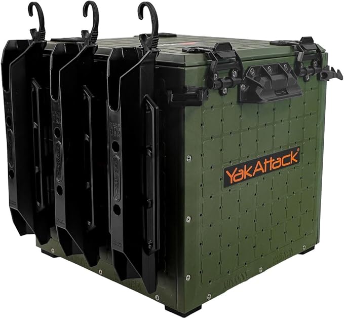YakAttack BlackPak Pro Kayak Fishing Crate - Ranger Green | 13" x 13" Riggable Kayak Gear Storage System with Hinged Lid, GridLoc Mount Panels & 3 TetherTube Rod Holders | Lightweight Tankwell Crate