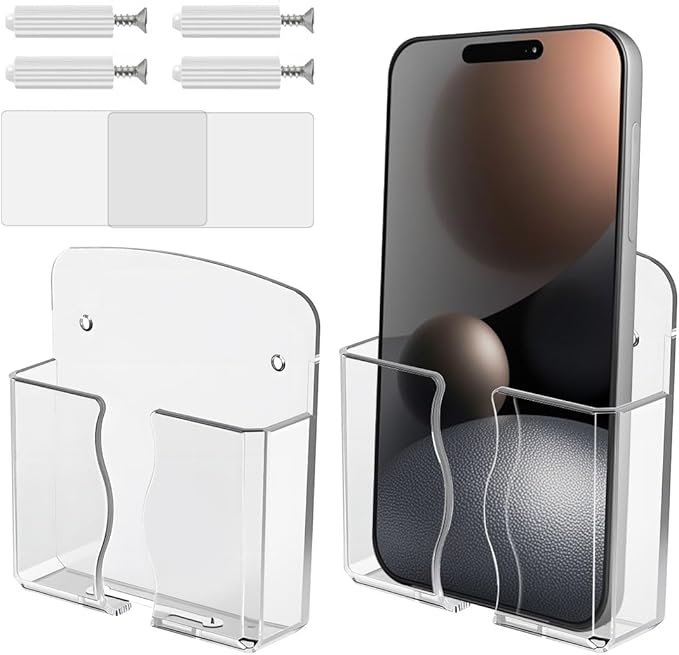 2 Pcs Clear Wall Mount Phone Holders , Self Adhesive Plastic Stand, Compatible With iphone And Android Smartphones. Bedside Cell Mobile Phone Accessories,for Home Office And Dormitories Organizer.