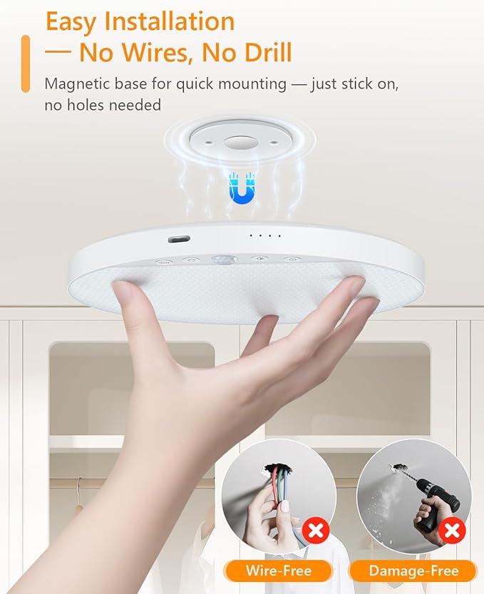 Rechargeable 8W Motion Sensor Ceiling Light Indoor, No Wiring & Magnetic Stick-On, Remote Control for Color & Brightness, Battery Operated Light for Shower, Closet, Bathroom, Pantry, Hallway, 1-Pack