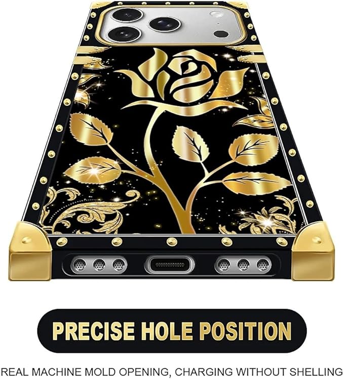 for iPhone 17 Pro Max Case Luxury Golden Decoration for Girl Women Soft TPU Shockproof Protective Hard PC Back for iPhone 17 Pro Max Crazy Pattern Shine Gold Rose