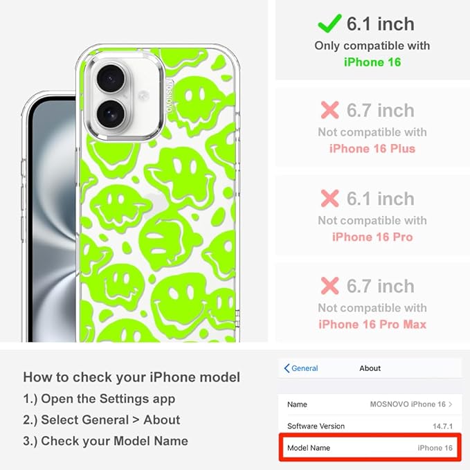 MOSNOVO Case for iPhone 16, [Buffertech 6.6ft Military-Grade Drop Protection] [Anti Peel Off Tech] Clear TPU Bumper Phone Case Cover Design - Distorted Green Smiles Face