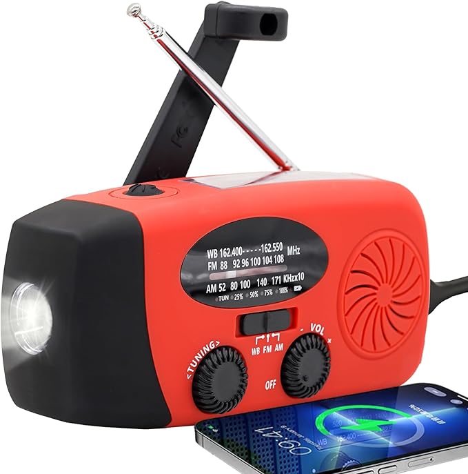 2000MAH Emergency Hand Crank Radio, Portable Survival Solar Radio AM FM NOAA Weather Radio with Earphone Jack SOS Alarm 4 Modes LED Flashlight, Portable Phone Charger Type-C charger for Camping Hiking