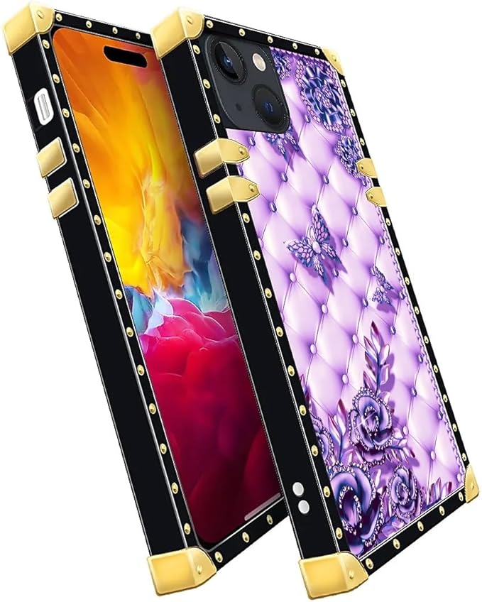 Compatible with iPhone 15 Case, Purple Butterfly Flowers Leaf Luxury Golden Decoration for Girl Women Soft TPU Shockproof Protective Hard PC Back for iPhone 15