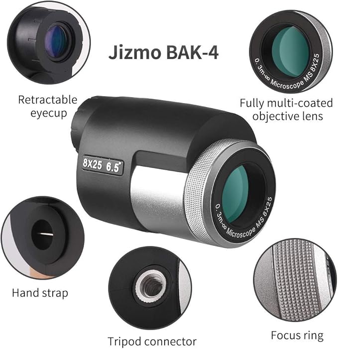 Jizmo 8x25 High Definition Monocular Telescope, Close Focus 1 ft, Fully Multi Coated Optical Lens BAK4 Prism, Mens Gift Wide View Monocular for Bird Watching Travel Sports Events