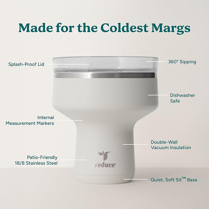 REDUCE Saltini 16 oz Cocktail Tumbler - Insulated Margarita Tumbler with Lid - Keeps Drinks Cold for 10 Hours - 360 Sippable Martini Glass Alternative - Shatterproof, Perfect for Parties - Unbleached
