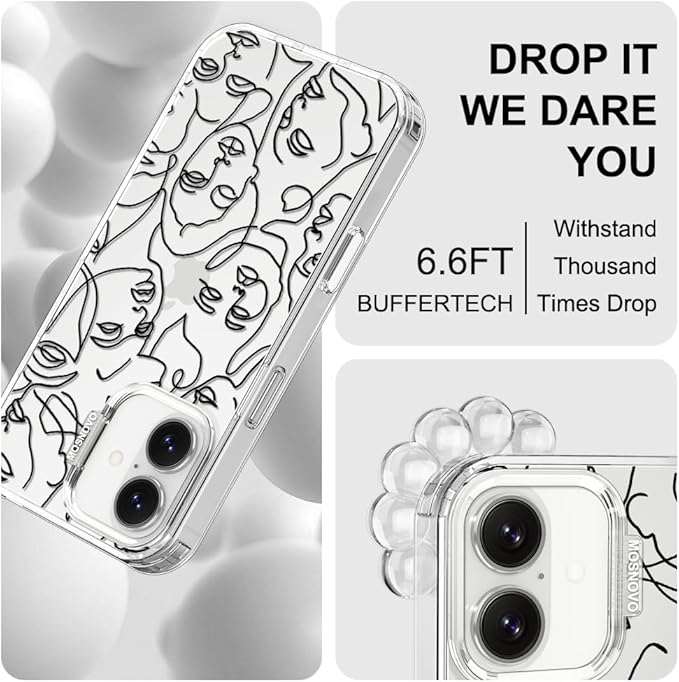 MOSNOVO for iPhone 17 Case | Military Grade 6.6ft Drop Tested | Camera Control | Clear with Abstract Face Line Art Design
