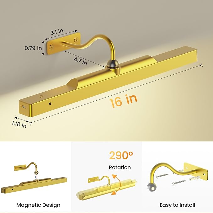 Picture Light 3Pack- 16in Picture Lights for Wall, 5000mAh Wireless Rechargeable Battery Picture Lights, Wall Light, Art Display Light for Gallery Artwork, Paintings, Portraits, Dartboards- Gold