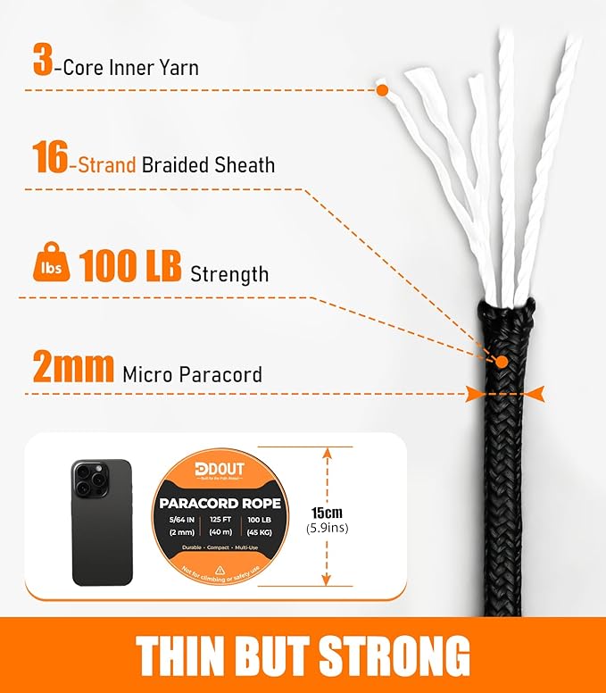 DDOUT 2mm Paracord 100lb, Thin Micro Paracord Rope, Black 125FT Nylon Cord for Crafting, DIY Projects, Fishing, Camping & Outdoor