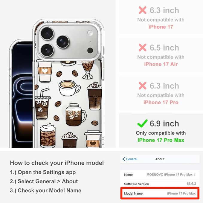 MOSNOVO for iPhone 17 Pro Max Case | Military Grade 6.6ft Drop Tested | Camera Control | Clear with Coffee Design