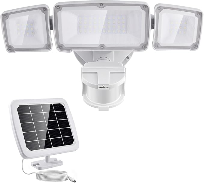 GLORIOUS-LITE Solar Security Lights 2400mAh LED Motion Sensor Light Outdoor, Rechargable 1600lm Solar Flood Light, 5500-6000K, IP 65 Waterproof for Garage, Yard, Porch, Entryways - White