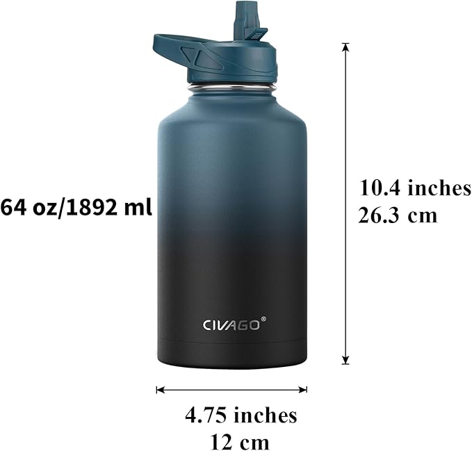 CIVAGO 64 oz Insulated Water Bottle With Straw, Half Gallon Stainless Steel Sports Water Flask Jug with 3 Lids (Straw, Spout and Handle Lid), Large Metal Thermal Cup Mug, Army Green