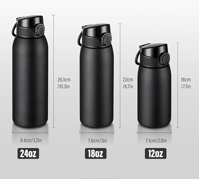 Insulated Water Bottle 12 oz with Dustproof Lid, Carry Handle & Tea Infuser, BPA-Free & Leakproof, Stainless Steel Water Bottles Ideal for Fitness, Hiking, Office & Outdoor Use （Black ）