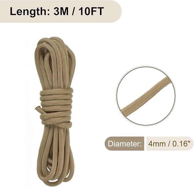 550 Paracord Rope 10ft, 4mm Thin Paracord Nylon Cord 7-Strand Core [for Tent Camping Outdoor Gear] - Light Brown