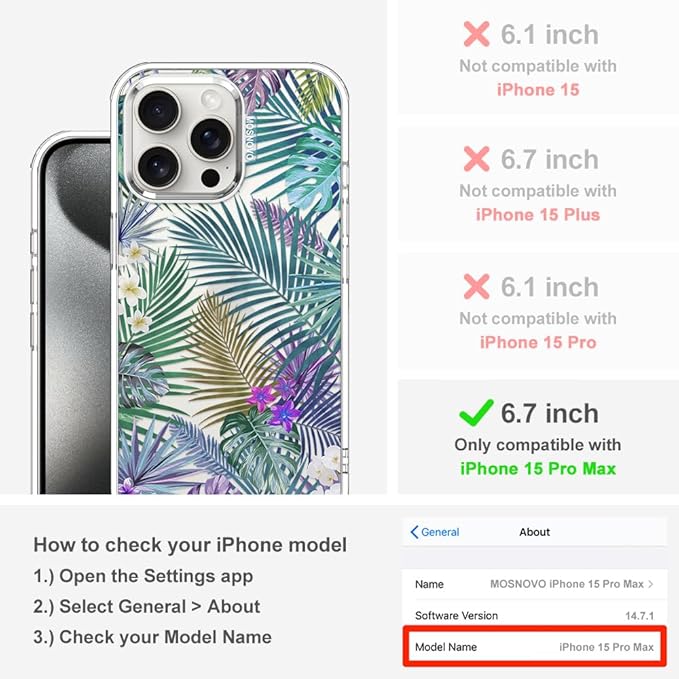 MOSNOVO Case for iPhone 15 Pro Max, [Buffertech 6.6ft Military-Grade Drop Protection] [Anti Peel Off Tech] Clear TPU Bumper Phone Case Cover Design - Tropical Rainforests