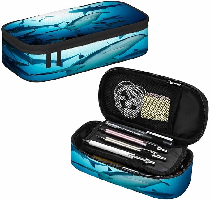 Sharks Pencil Case Organizer Ocean Sea Fish Light Blue Stationery Box Makeup Box School Supply for Boy Girl Men Women