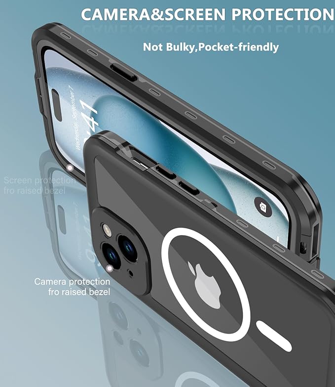 for iPhone 15 Plus Case Waterproof, [Shockproof] [Dustproof] [IP68 Waterproof] Full-Body Hard Case Built-in [Lens Screen Protection] for Diving Case (Black, for iPhone 15 Plus 6.7in)