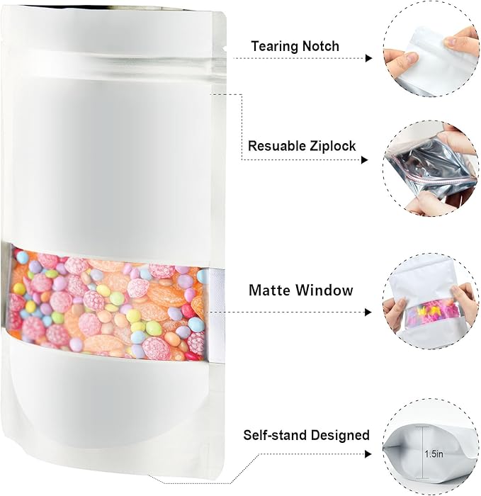 6.3"x9.5" 120pcs Mylar Bags for Food Storage,Smell Proof Bag with Matte Window Resealable Food Storage Bags for Small Business, Stand-up Foil Pouch Packaging Freeze Dried Candy Bag（White）