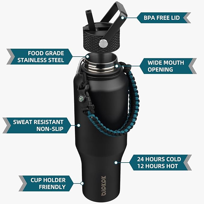 BJPKPK Insulated Water Bottles with Straw Lid, 35oz Metal Water Bottle with 2 lids & Paracord Strap, Double Wall Stainless Steel Vacuum Tumblers, Cups, Mugs, Thermo for Hot& Cold Drinks, Black