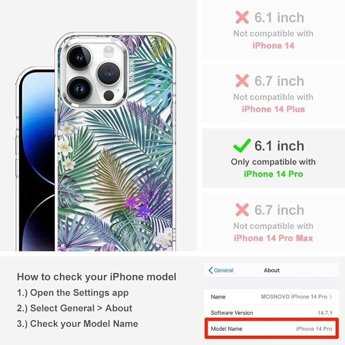 MOSNOVO Case for iPhone 14 Pro, [Buffertech 6.6ft Military-Grade Drop Protection] [Anti Peel Off Tech] Clear TPU Bumper Phone Case Cover Design - Tropical Rainforests