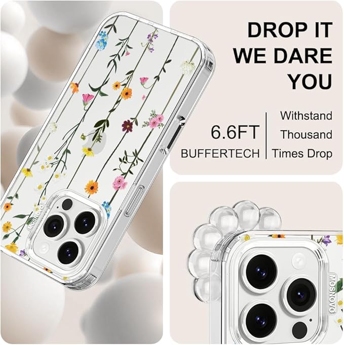 MOSNOVO Case for iPhone 16 Pro, [Buffertech 6.6ft Military-Grade Drop Protection] [Anti Peel Off Tech] Clear TPU Bumper Phone Case Cover Design - Wildflowers