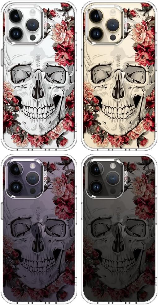 MOSNOVO Case for iPhone 14 Pro Max, [Buffertech 6.6ft Military-Grade Drop Protection] [Anti Peel Off Tech] Clear TPU Bumper Phone Case Cover Design - Red Flower Skull
