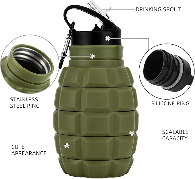Collapsible Travel Water Bottle 19.6 oz, Reuseable Silicone Foldable Water Bottles for Gym Camping Hiking, Portable Leak Proof Sports Water Bottle with Carabiner (Noble Army Green)