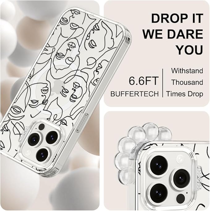 MOSNOVO Case for iPhone 15 Pro Max, [Buffertech 6.6ft Military-Grade Drop Protection] [Anti Peel Off Tech] Clear TPU Bumper Phone Case Cover Design - Abstract Face Line Art
