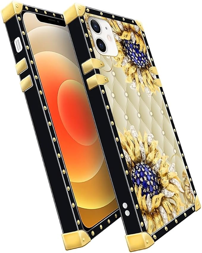 Compatible with iPhone 11 Case, Sunflower Diamonds Leather Luxury Golden Decoration for Girl Women Soft TPU Shockproof Protective Hard PC Back for iPhone 11