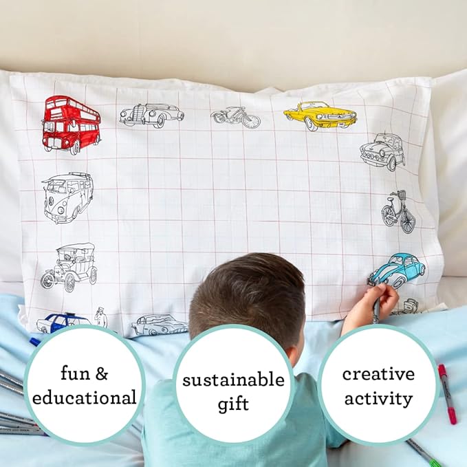 eatsleepdoodle 30x20in White Cotton Pillowcase with 10 Pack Washable Markers for Kids - Cars & Trucks Coloring Activity