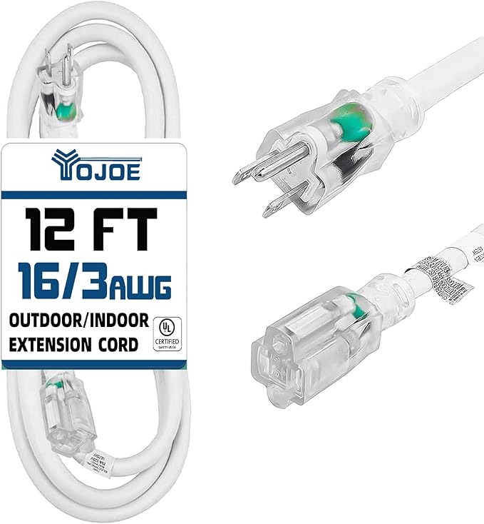 YOJOE Indoor Outdoor Extension Cord with Lighted End, 3 Prong 13A Weatherproof Power Cord, 16 Gauge Heavy Duty 12 ft White Extension Cord for Garage, Garden and Home, 16/3 SJTW UL Listed