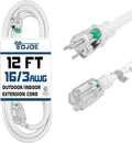 YOJOE Indoor Outdoor Extension Cord with Lighted End, 3 Prong 13A Weatherproof Power Cord, 16 Gauge Heavy Duty 12 ft White Extension Cord for Garage, Garden and Home, 16/3 SJTW UL Listed