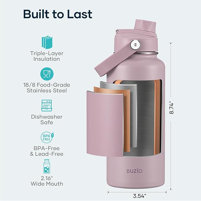 BUZIO 32 oz Water Bottle Insulated, Leakproof Stainless Steel Flask (Cold for 48 Hrs), Wide Mouth BPA-Free Metal Thermo Hydro Canteen with 2 Lids, Purple