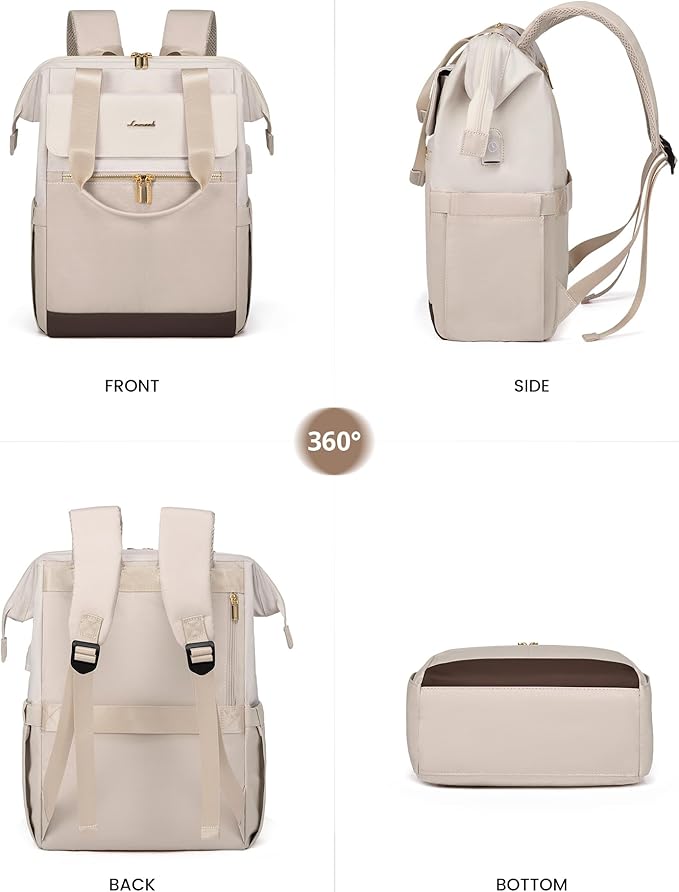 LOVEVOOK 17.3 Inch Laptop Backpack for Women, Large Capacity Travel Backpack with Organizer Bag, Waterproof Carry on Backpack Purse Work Bag with USB Port for Teacher Nurse, Beige-Nude