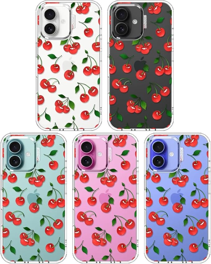 MOSNOVO Case for iPhone 16, [Buffertech 6.6ft Military-Grade Drop Protection] [Anti Peel Off Tech] Clear TPU Bumper Phone Case Cover Design - Cute Cherry