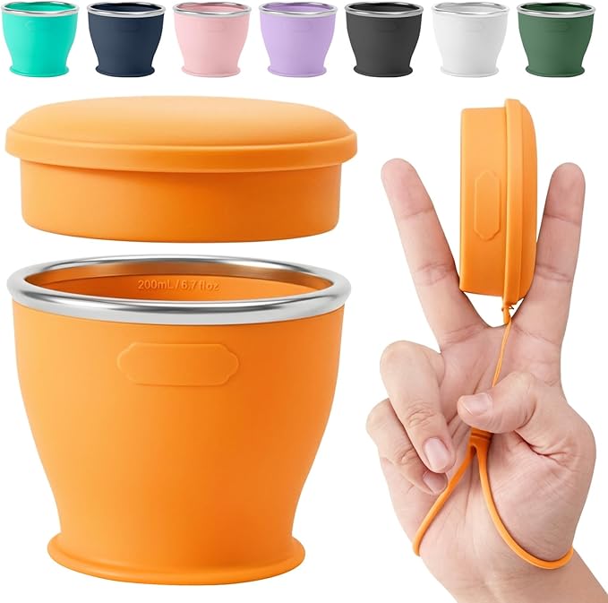Collapsible Travel Cup, BPA-Free Reusable Water Cup, Lightweight Drinking Cups with Lids and Carrying Strap, Dishwasher Safe Silicone Cups for Camping, Travel, Airports, Hotel (6.7oz, Orange)