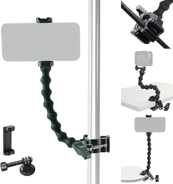 Gooseneck Phone Clamp Mount with Super Clamp - 360° Adjustable Phone Stand Compatible with iPhone 16-6, 360 Action Camera & 0.7-2" Devices for Desk/Outdoor/Video Creation