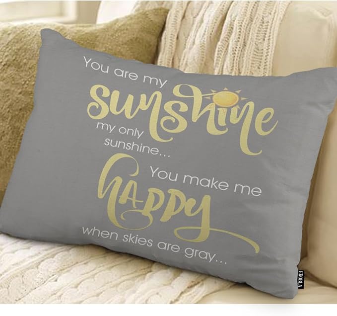 EKOBLA Motivational Phrase Pillow Cover You are My Sunshine Yellow On Gray with Words Cotton Linen Throw Lumber Pillow Case Cushion Cover Home Office Decorative 12x20 Inches